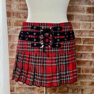 Tripp NYC Y2K Grunge, Emo Plaid Red Skirt w/ Black Lace-Up Detail -Size L -SK06